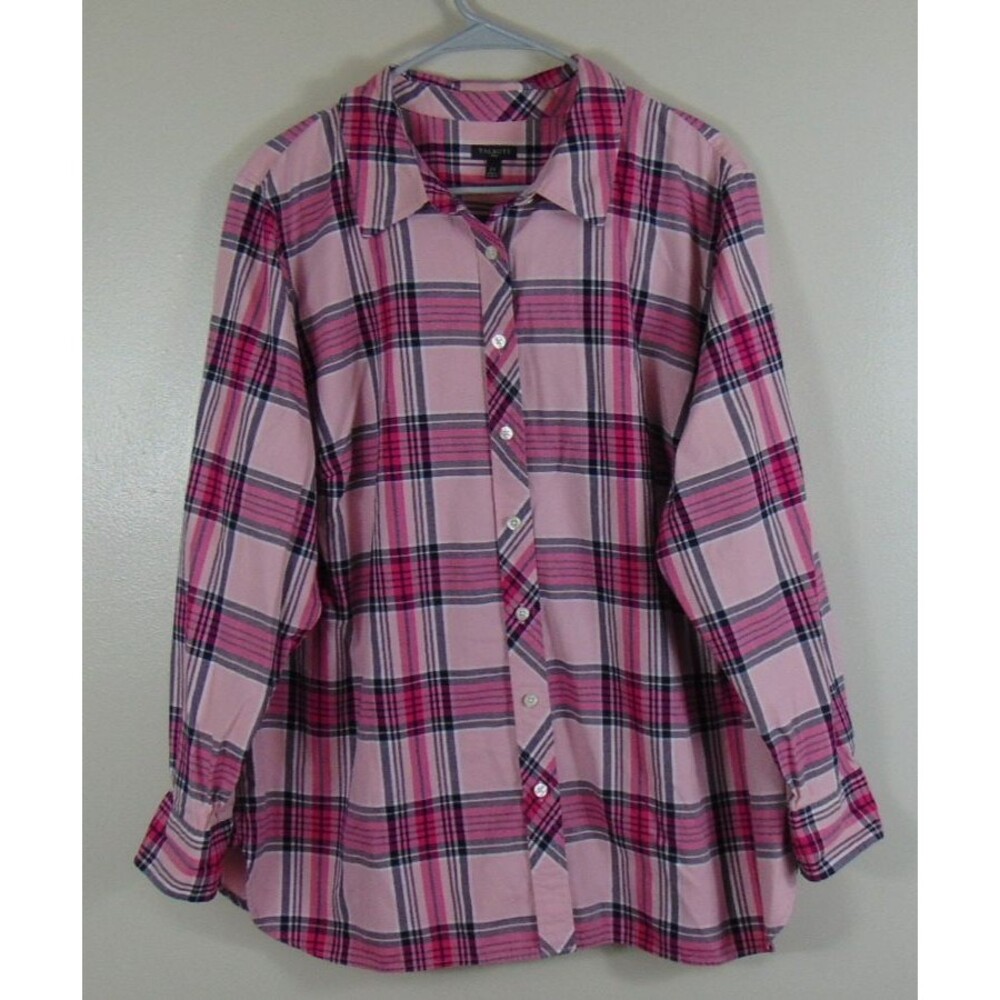 Talbots Top Womens Size 2X Pink Plaid Button Up Collared Long Sleeve Plus Lilac